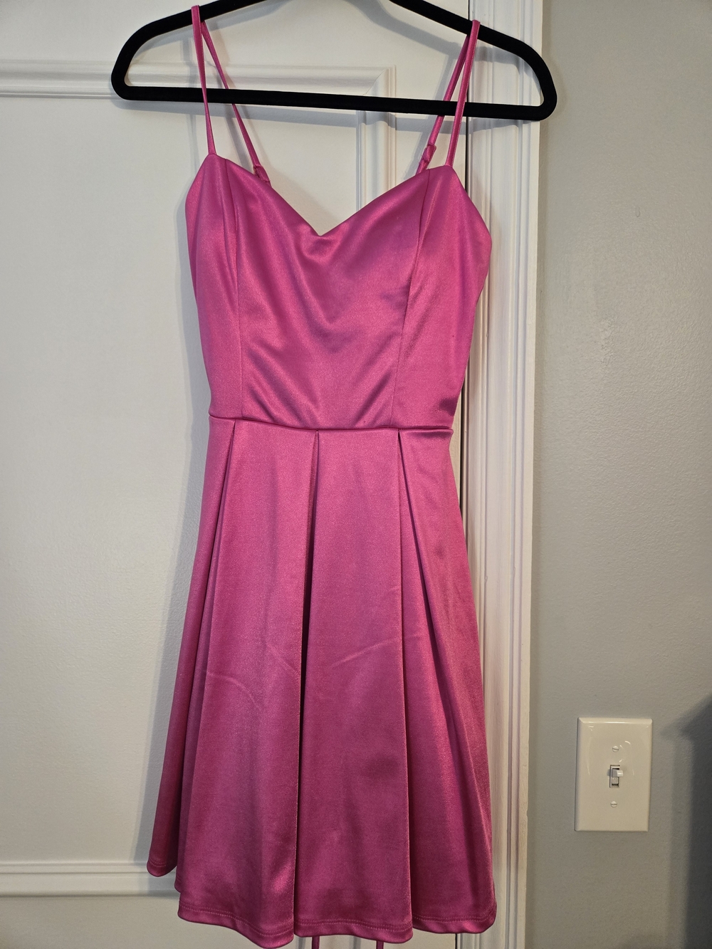 Hot Pink Spaghetti-Strap Mini Dress with Pleated Skirt